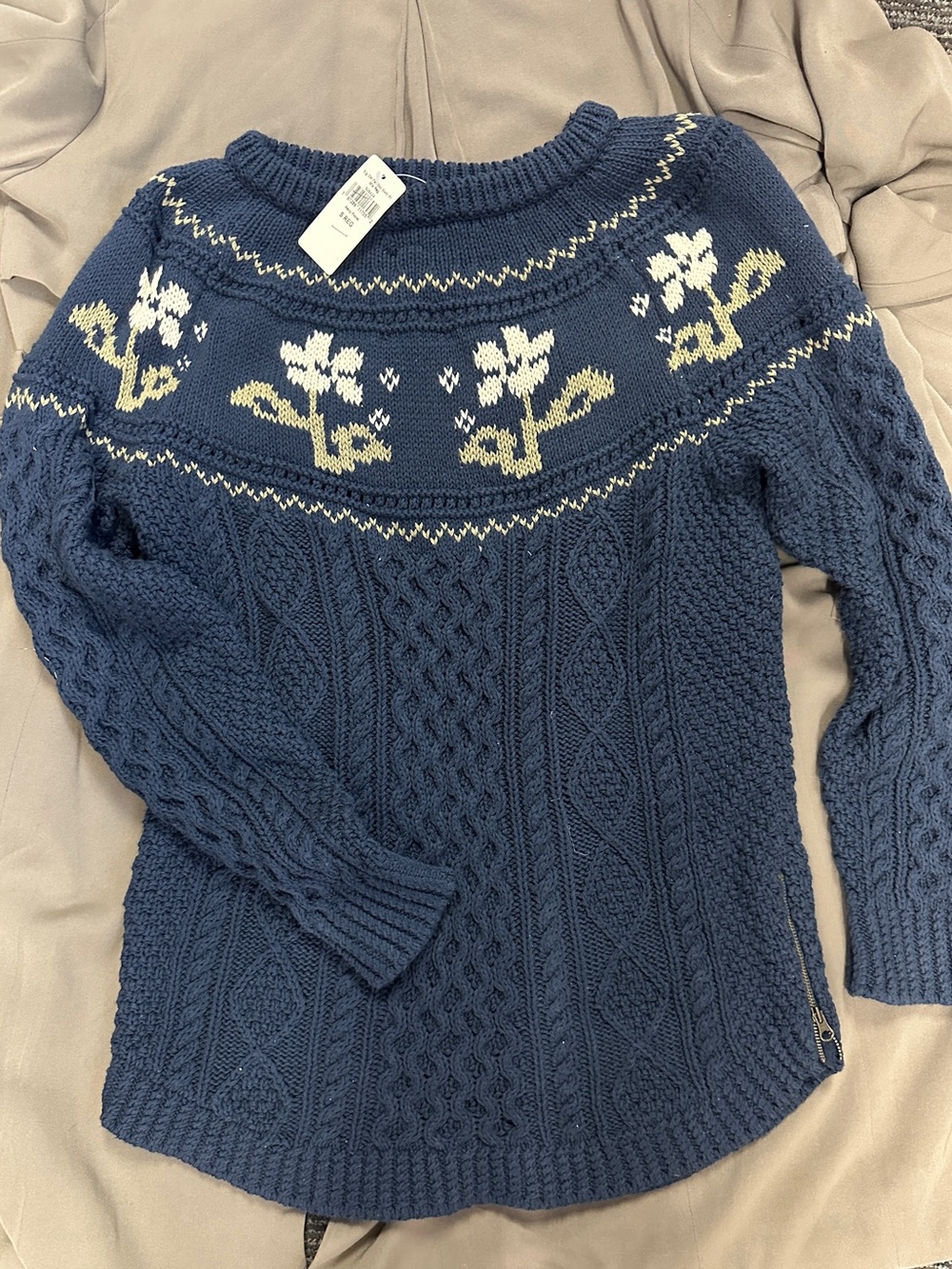 L.L. Bean Navy Blue Cable-Knit Sweater with Cream Floral Yoke